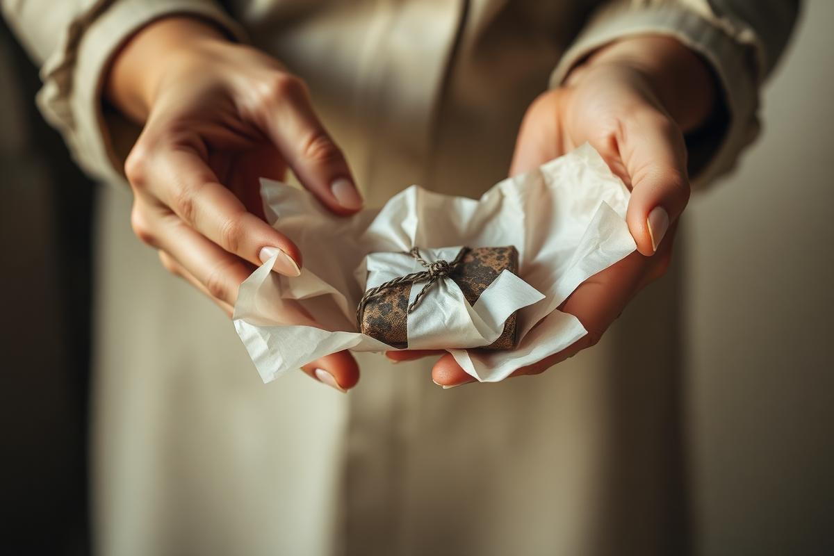 Two hands carefully transferring a small heirloom wrapped in archival tissue