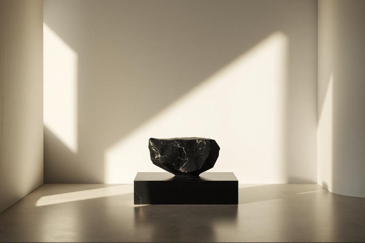 A single dark stone object displayed between two pools of gallery light