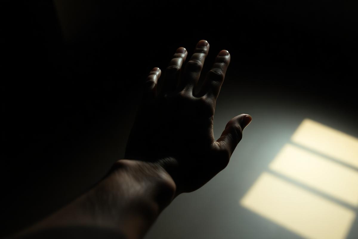 A hand withdrawing into darkness from a brightly lit collectible