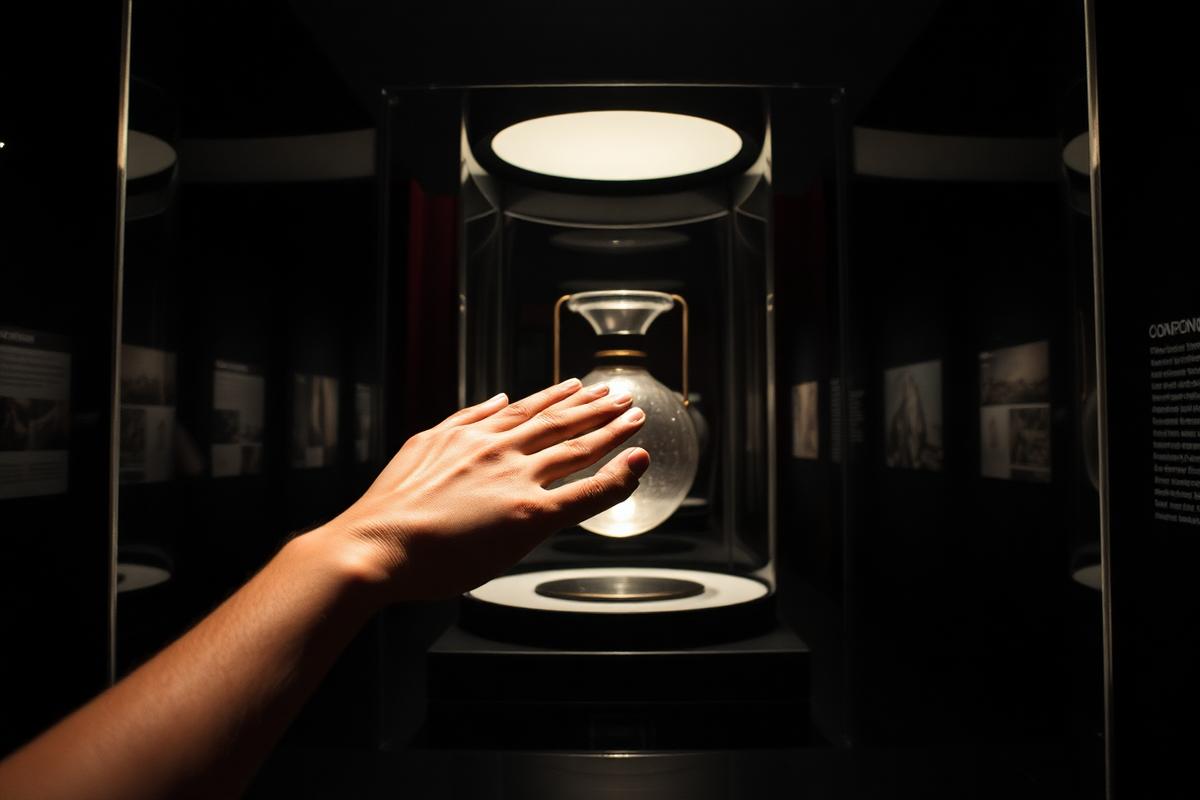 A hand approaches an illuminated glass object in a dark museum display, representing attention and desire
